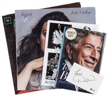 Lot of (5) 1950s & 60s Musicians Signed Album Covers, Photo, Cut & Book Featuring Judy Collins & Tony Bennett (Beckett)